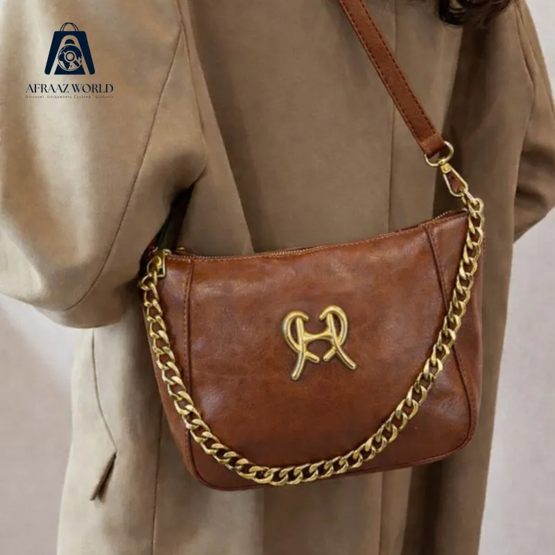High Quality Vintage Brown Leather Shoulder Bag with Elegant Golden Chain – Afraaz World