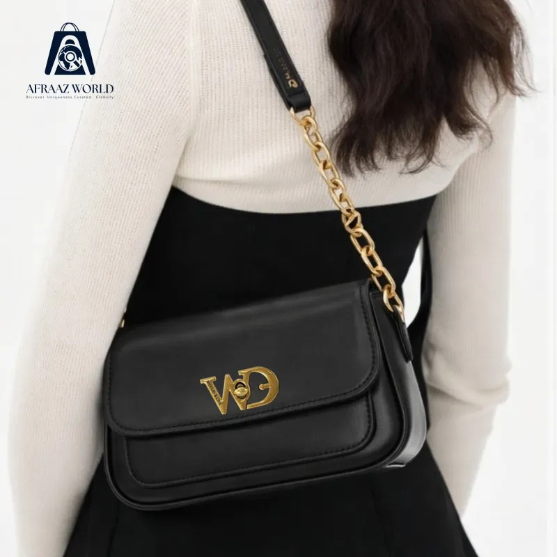 Elegant Black Crossbody Bag for Women | Gold Chain Luxury Handbag by Afraaz World