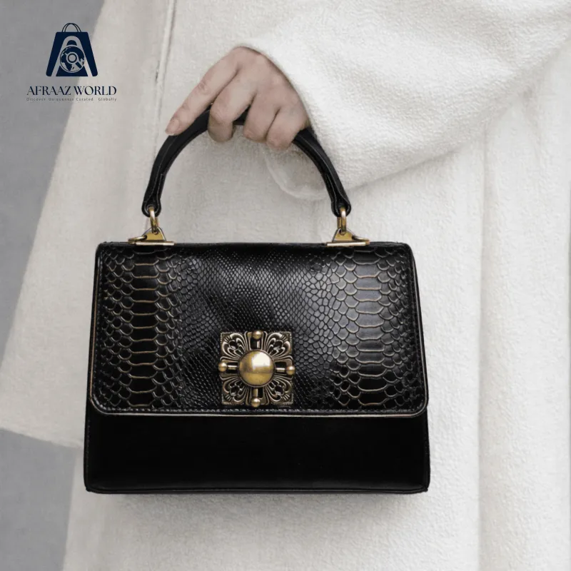 Black Snakeskin-Embossed Top Handle Bag with Ornate Gold Clasp