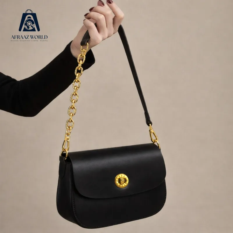 Classic Black Leather Shoulder Bag with Golden Chain – Afraaz World