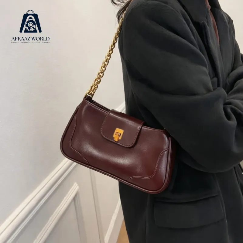 Luxury Chocolate Brown Shoulder Bag for Women | Gold Chain Leather Purse by Afraaz World
