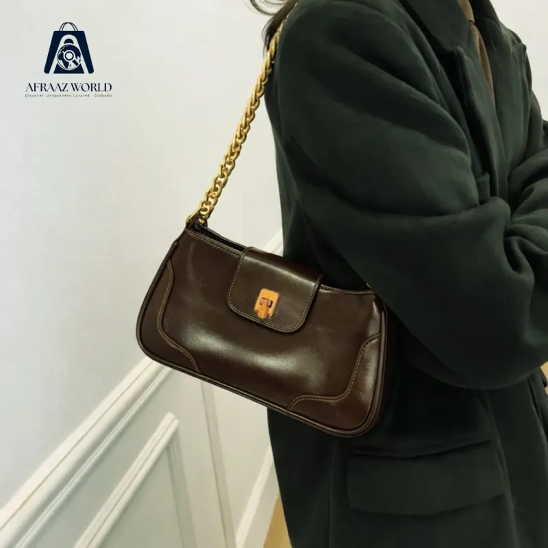 Luxury Chocolate Brown Shoulder Bag for Women | Gold Chain Leather Purse by Afraaz World