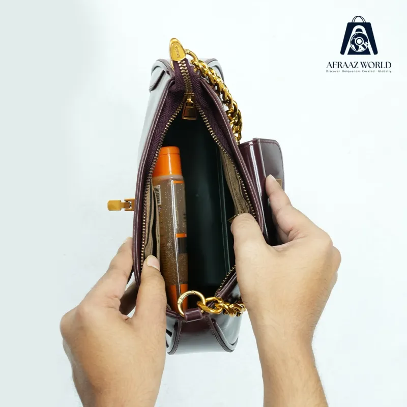 Luxury Chocolate Brown Shoulder Bag for Women | Gold Chain Leather Purse by Afraaz World