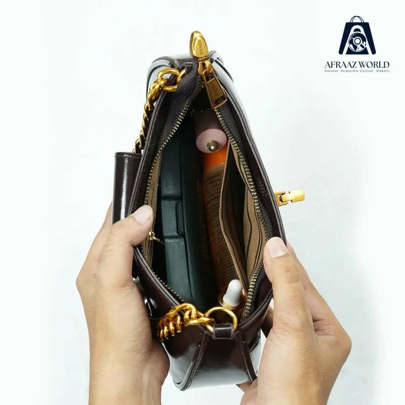 Luxury Chocolate Brown Shoulder Bag for Women | Gold Chain Leather Purse by Afraaz World