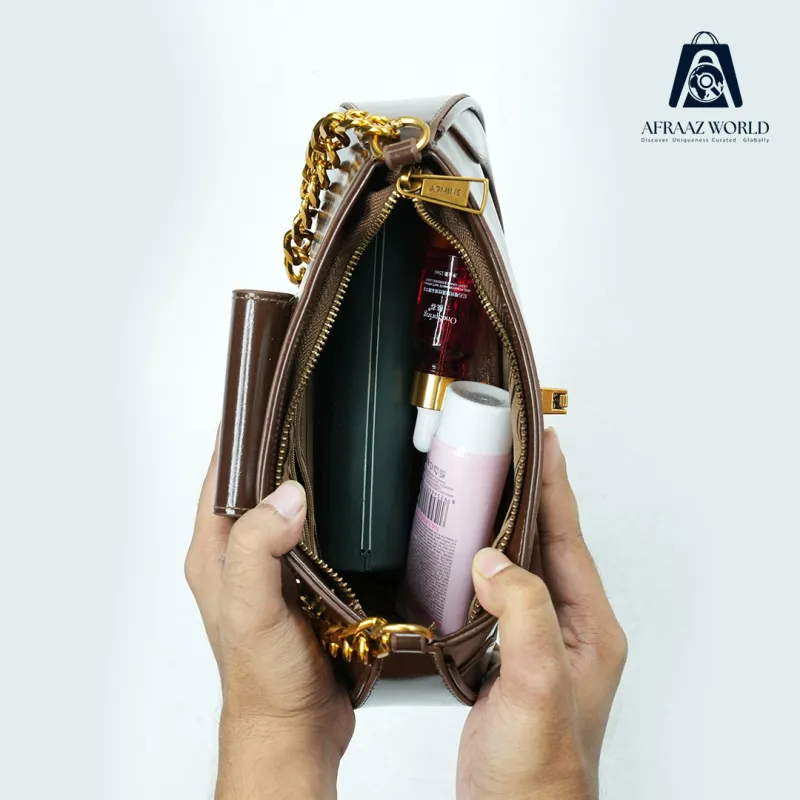 Luxury Chocolate Brown Shoulder Bag for Women | Gold Chain Leather Purse by Afraaz World