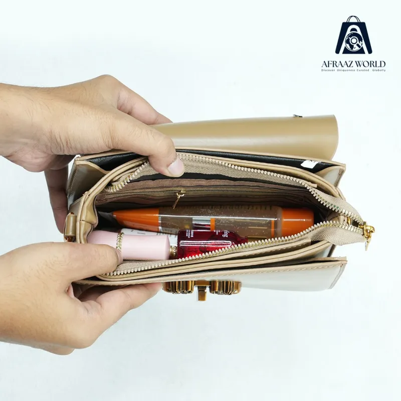 Elegant Black Leather Handbag for Women | Gold Ring Lock Premium Top Handle Bag by Afraaz World