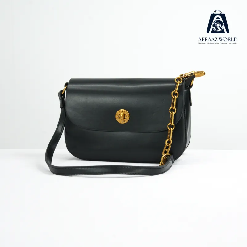 Classic Black Leather Shoulder Bag with Golden Chain – Afraaz World